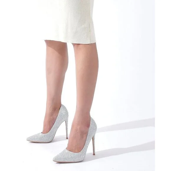 Women's Silver Pumps Pointed Toe High Heel Glitter Rhinestone Sparkly Shoes - Picture 7 of 8
